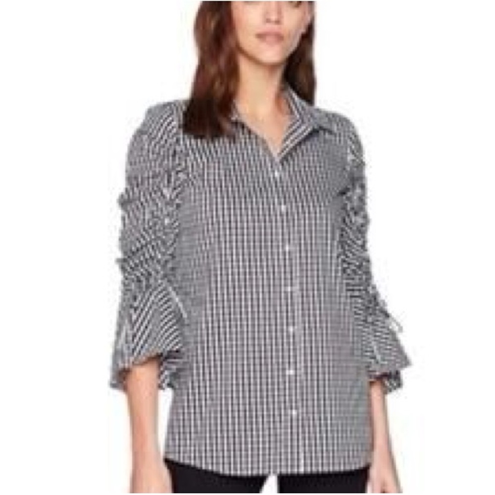 Calvin Klein Gingham Gathered Sleeve Blouse, Size XL